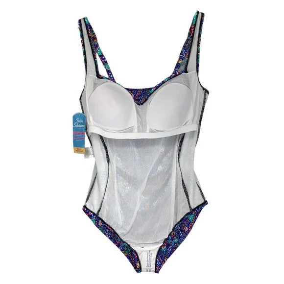 NWT Swim Solutions Sz 18 Tummy Control Shirred Tribal Print One Piece Swimsuit - Picture 6 of 9